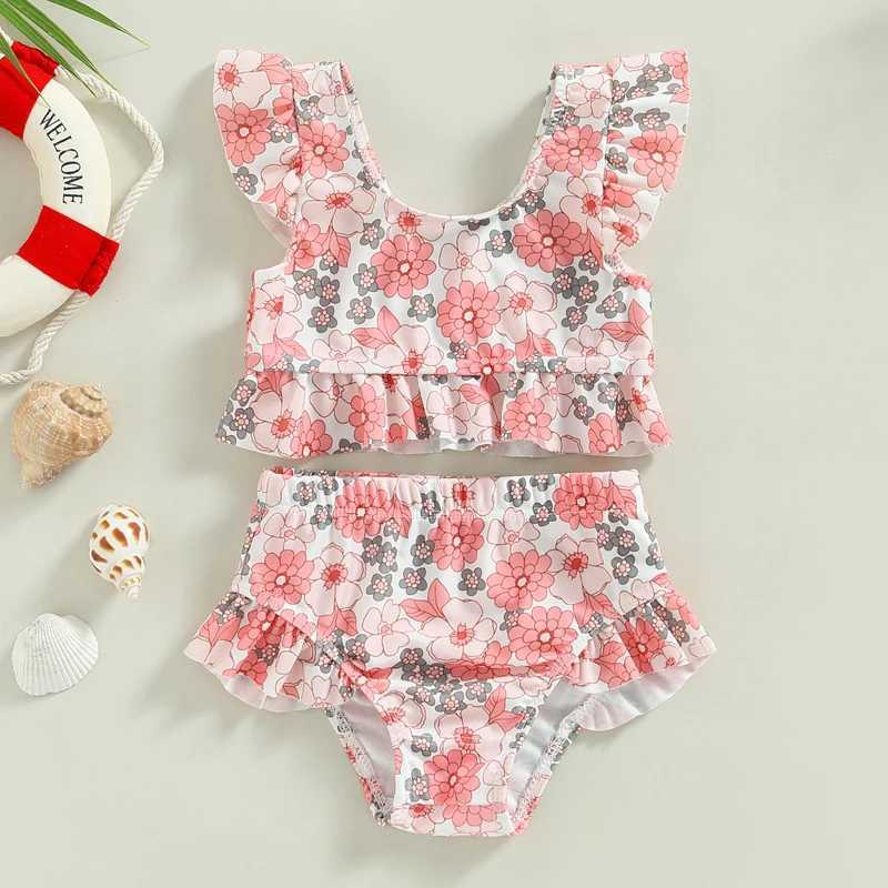 0-3Y Toddler Baby Girl Swimsuit Two Piece Ruffle Sleeve Tankini TopSwim Short Floral Bathing Suit Summer Kids Bikini Beach Wear X250224