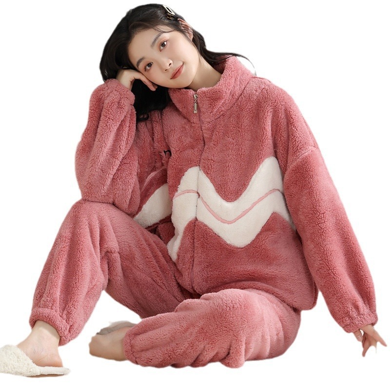 B724-New style pajamas for women autumn and winter warm thick high collar sweet home clothes coral fleece can be worn outside suit