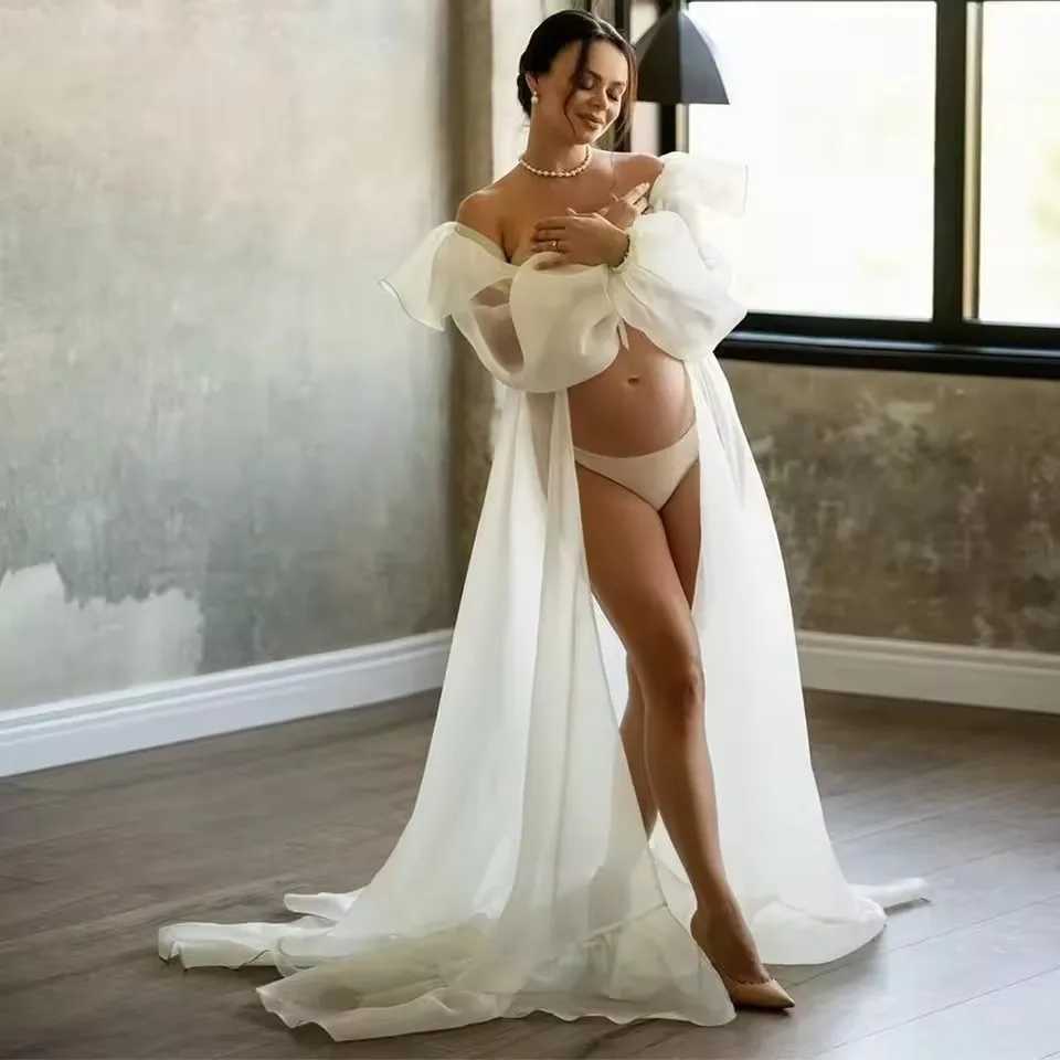 Boho Maternity Photo Shoot Chiffon Dress Ruffle Neck Lantern Sleeve With Tie Cord Pregnancy Robe For Baby Shower X250224