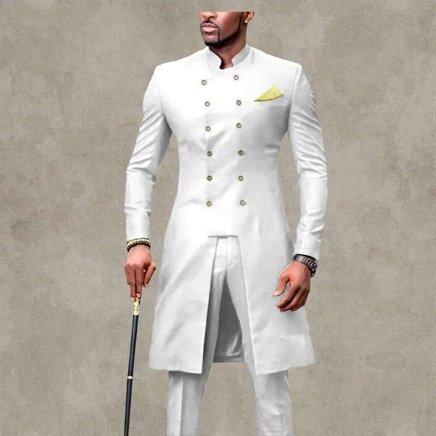 African Slim Fit Mens Suits Stand Collar 2 Pieces Wedding Tuxedos Long Jacket And Pants Middle East Arabic White Royal Blue Groom Formal Wear Prom Par