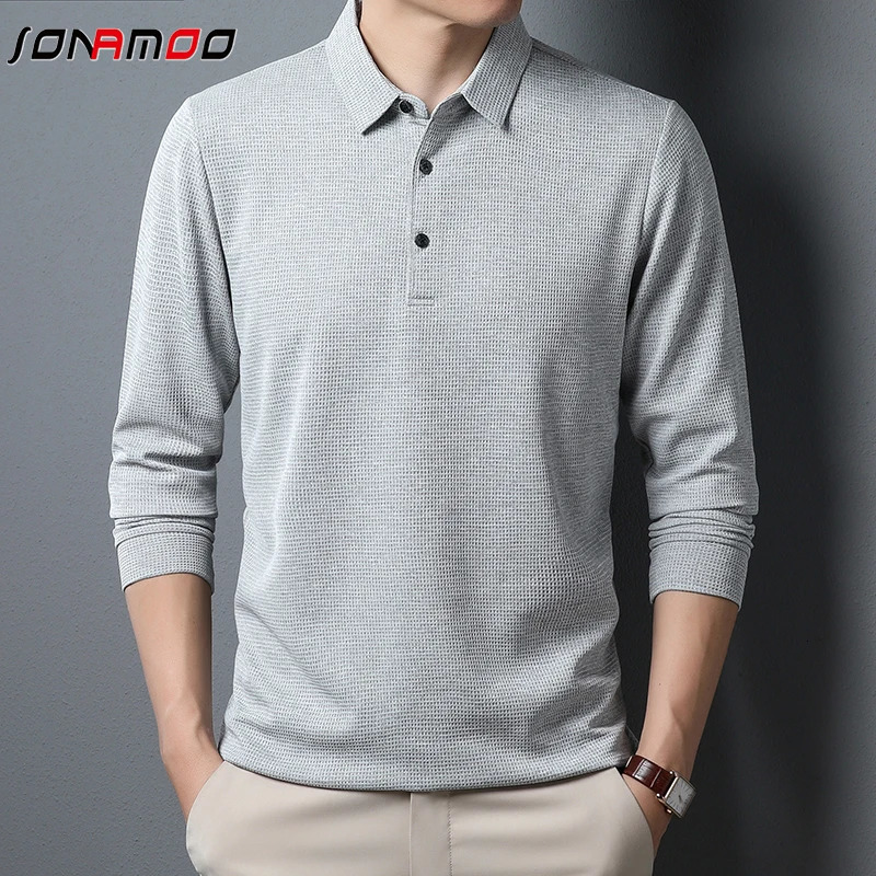 Mens Business Casual Polo Long Sleeve T-shirt Summer Comfortable Solid Top 250224