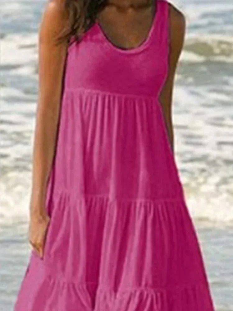 Oversized O Neck Sleeveless Ruffles Loose Beach Dress Women Boho Solid Color Plus Size Elegant Sundress Club Party Vestidos 250225