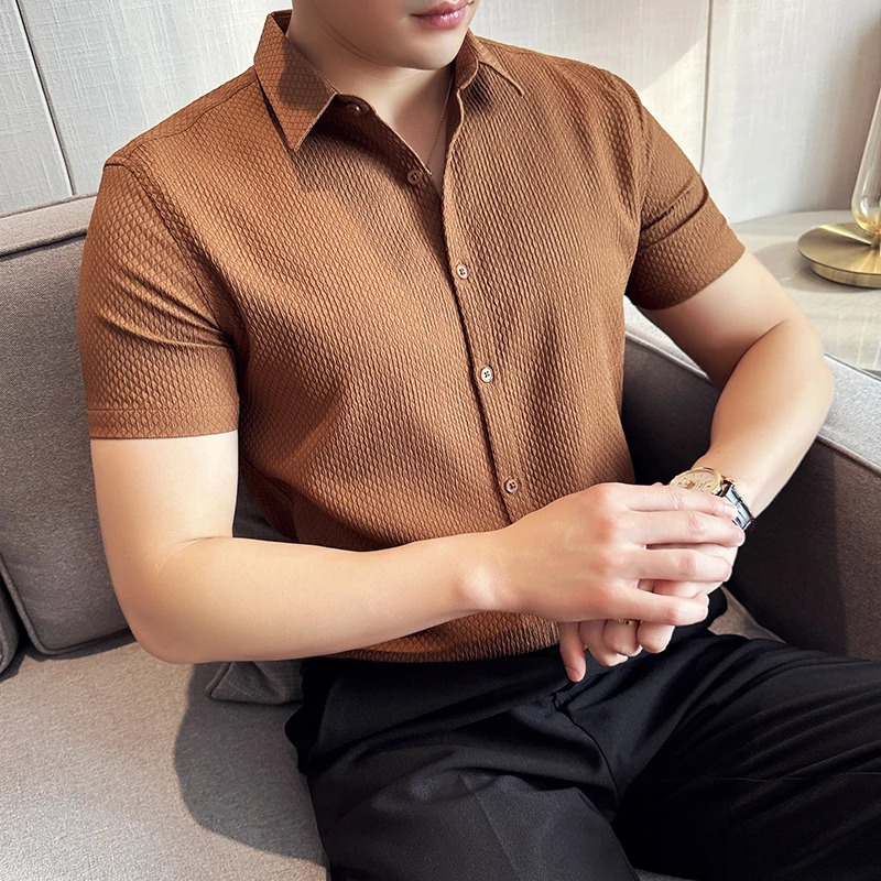 High End Waffle Shirt Mens Clothing 2024 Summer No Ironing Business Social Shirts For Men Short Sleeve Casual Dress Slim 250222