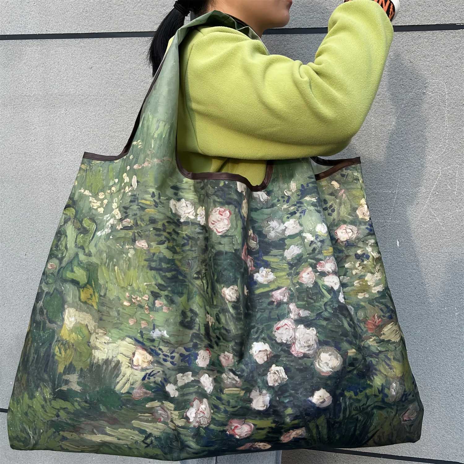 Rose oil spray paint fashion bag foldable shopping bag reusable grocery storage bag nylon portable shoulder bag travel handbag Z250224