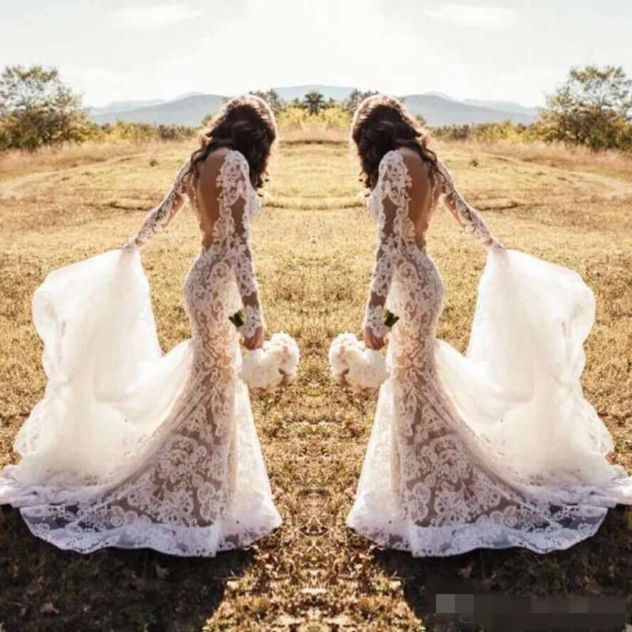 Sexy Backless Mermaid Dresses Lace Long Sleeves With Overskirt Sweep Train Plus Size Garden Country Wedding Bridal Gown