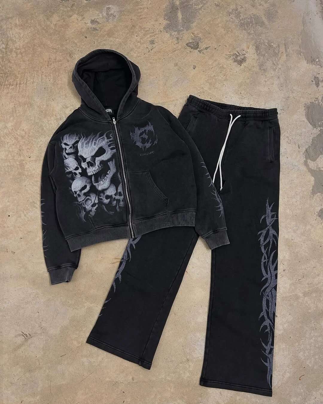 American personality rock and roll dark style skull niche print old washed sweatshirt men's street retro hooded cardigan jacket