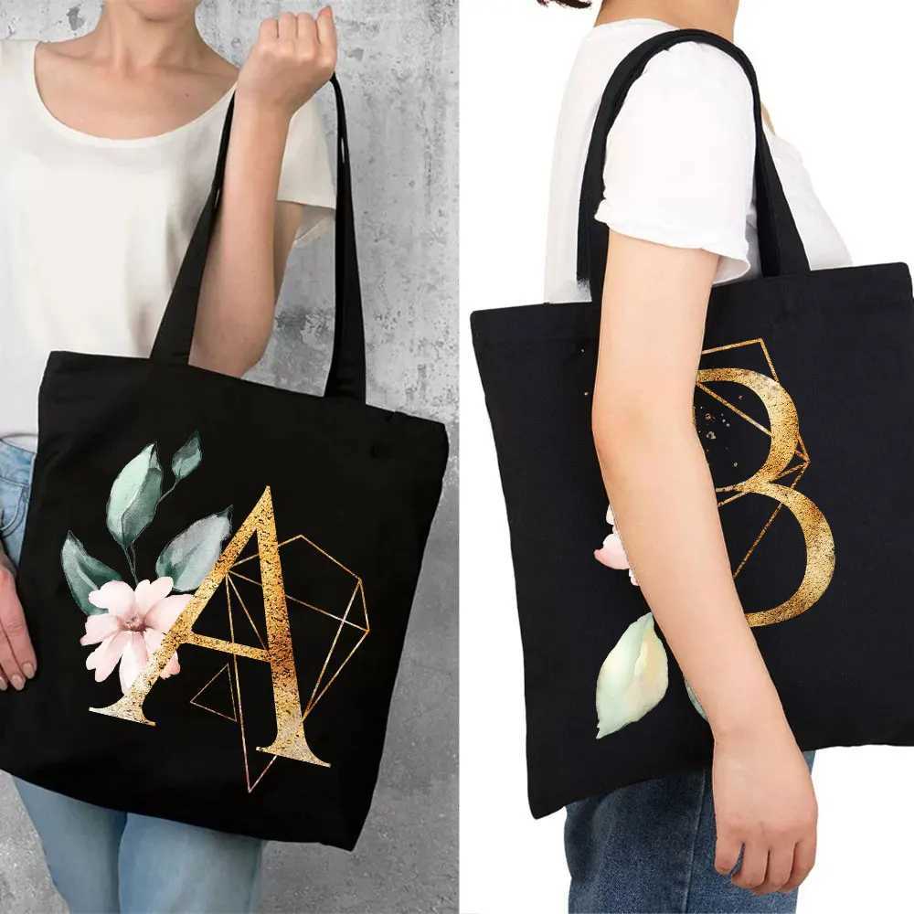 Flowers Alphabet Women Canvas Shopping Tote Bags Large Capacity Student Toiletries Organizers Casual shopper Letter Bags Gift Z250224