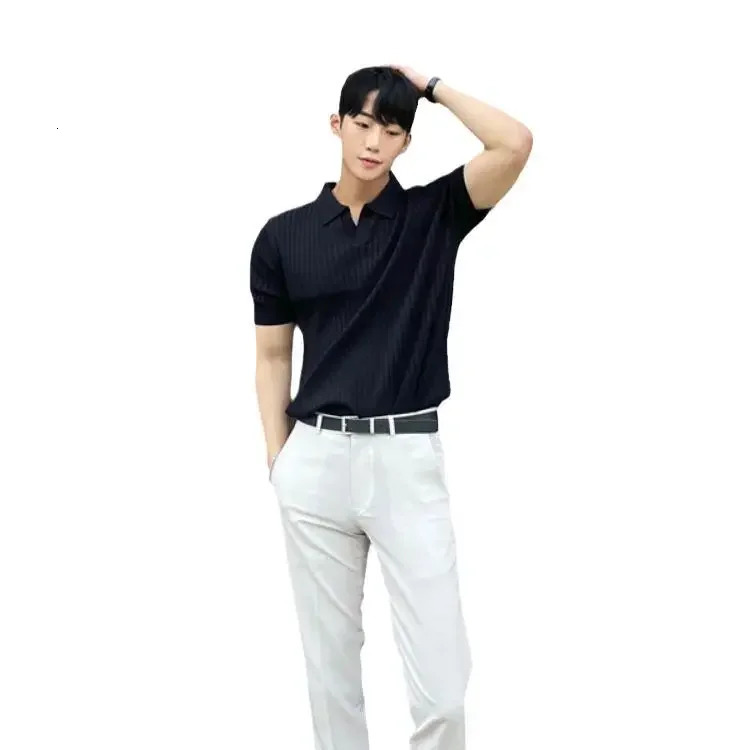 Trendy Polo Shirt For Men Summer Solid Color Top Versatile Knit Style Korean Short Sleeves Casual Fashion T-shirt 250318