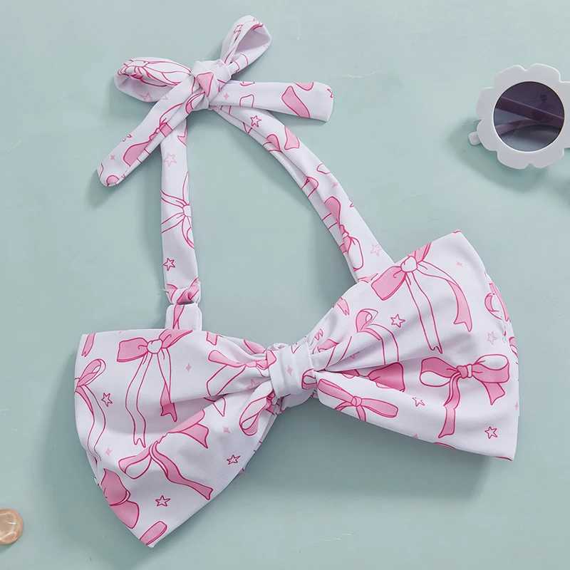 Girls 2-Piece Swimsuit Set with Cute Bow Print Halter Neck Bikini Top and Stretchy Shorts - Summer Beachwear for Kids X250224