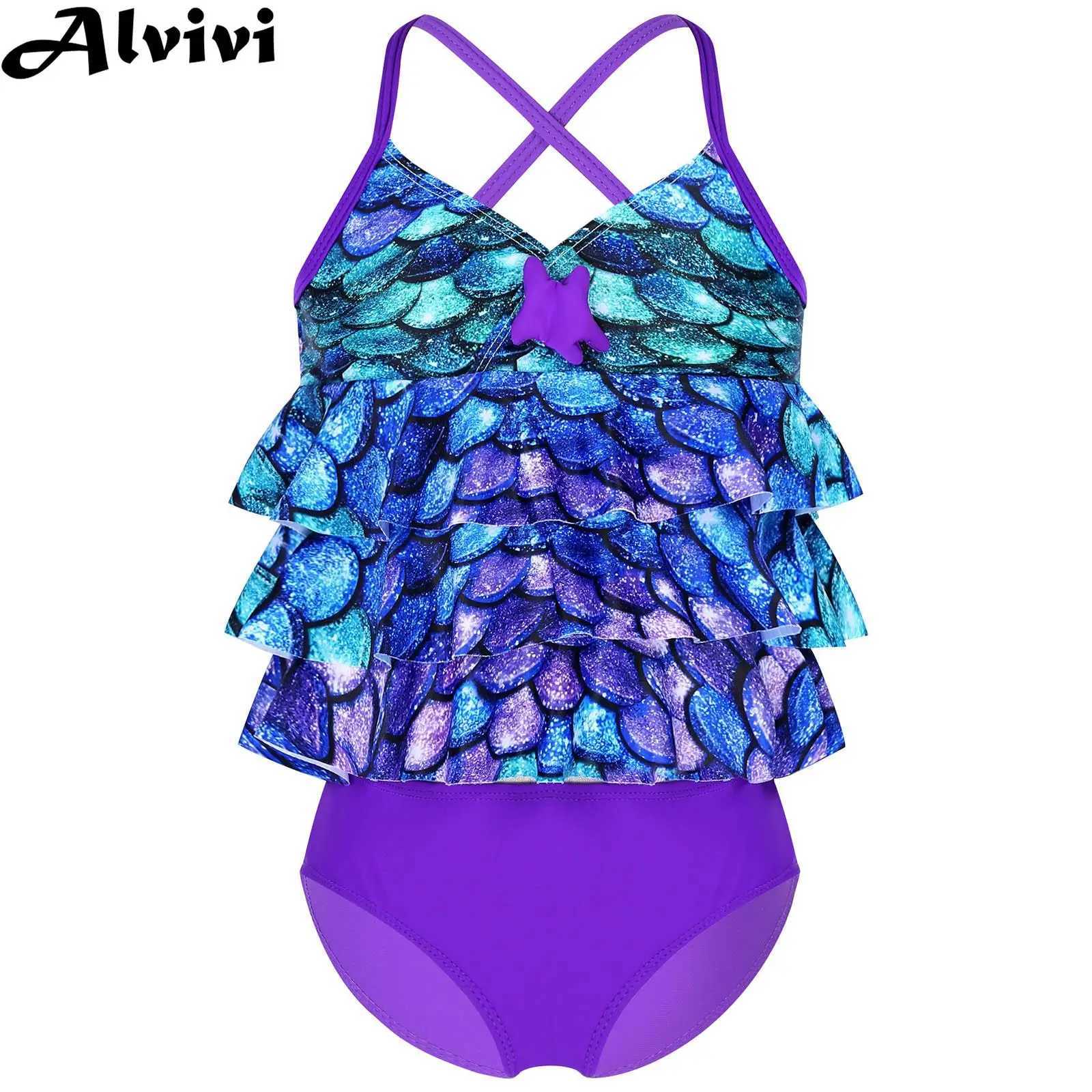Kids Girls Fish Scales Mermaid Bathing Suit Two-piece Bikini Swimsuit Sleeveless Tops with Briefs Tankini Swimwear Beachwear X250224