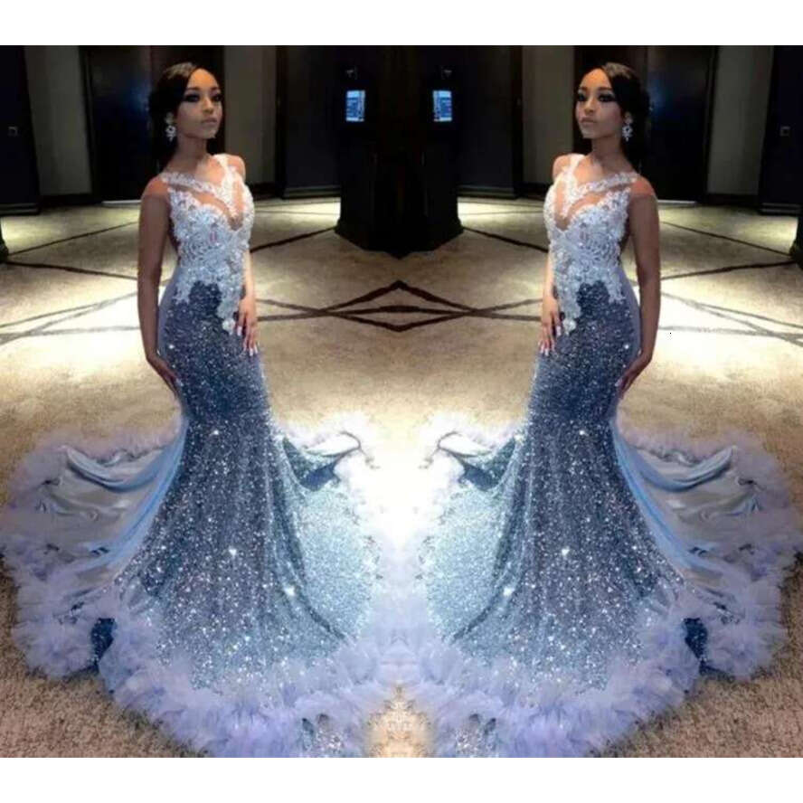 Glitter Sier Dias Long Prom Dresses For Black Girls 2024 Sparkly Beads Rhie Crystal Ruffle Bottom Birthday Party Gown