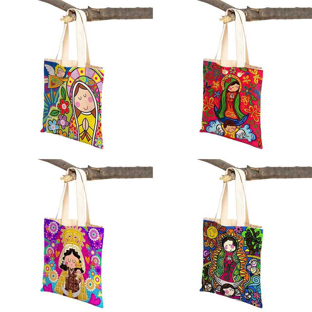 Ladies Shopping Bags Cartoon Virgin Mary Series Handbag Children Gift Cloth Women Shopper Bag Harajuku Style Student Linen Tote Z250224
