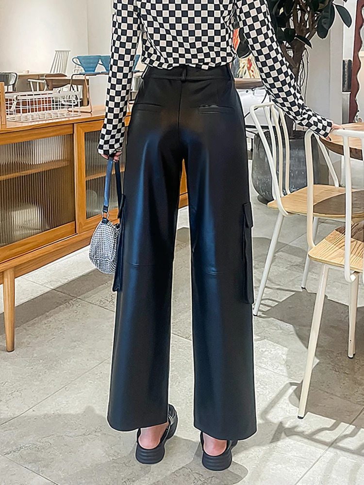 American Safari style genuine leather pants for women high street loose wide leg pants Autumn sheepskin trousers Y4446 250224