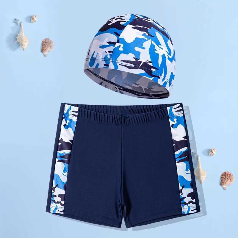 2024 New Boys Camouflage Swimsuit Summer Swimming Swimsuit (Swimming Cap+Swimming Relay) Suitable for Children Aged 4 to 12 X250224
