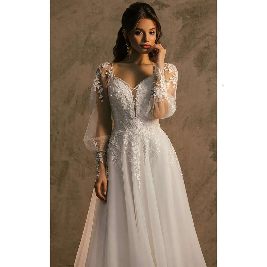 Simple A E Women Wedding Long Sleeves Backless Bridal Gowns Lace Appliques Sweep Train Dress Custom Made Vestidos De Novia