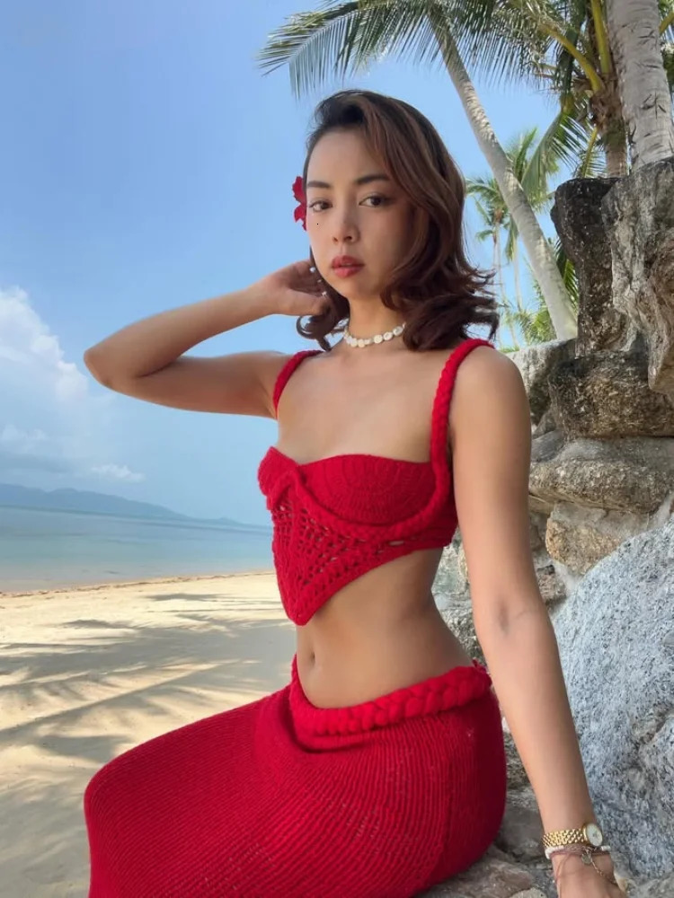 Sexy Knit Crop Tops Skirt Sets Women Sleeveless Backless Sling Tank Long Hip Package Skirts 2025 Holiday Beach 2 Piece Set Lady 250225