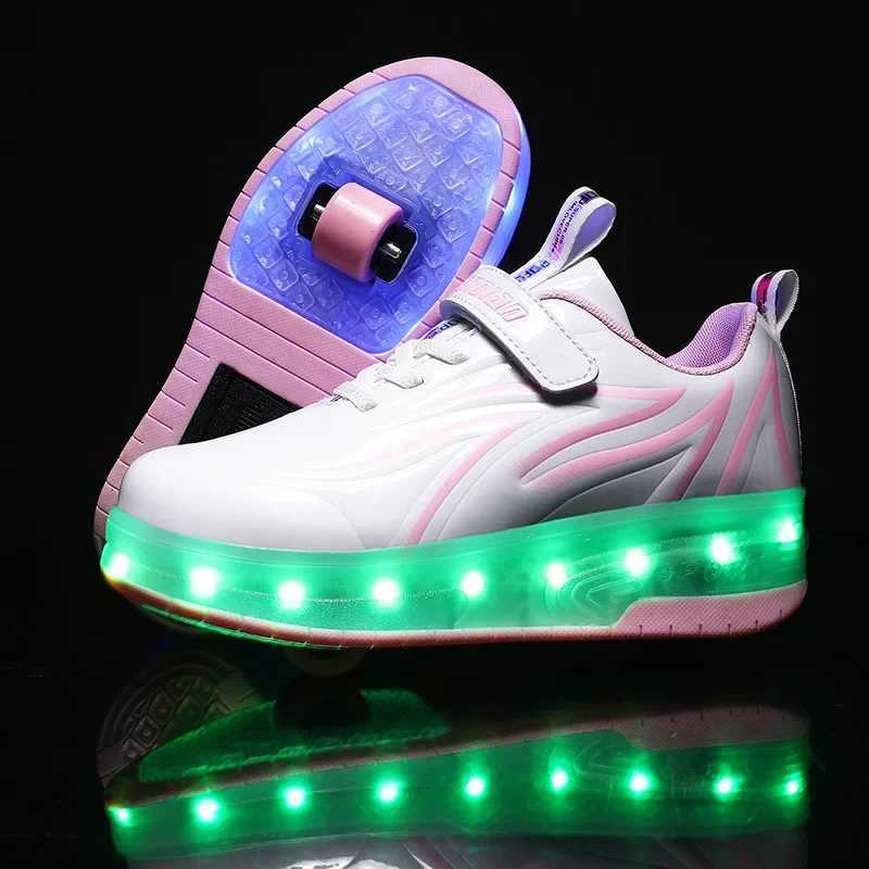 YUNICUS Led Light Boys Girls Shoe USB Charging Black Two Wheels Luminous Sneakers Roller Skate Shoes for Children Kids Led Shoes W250225