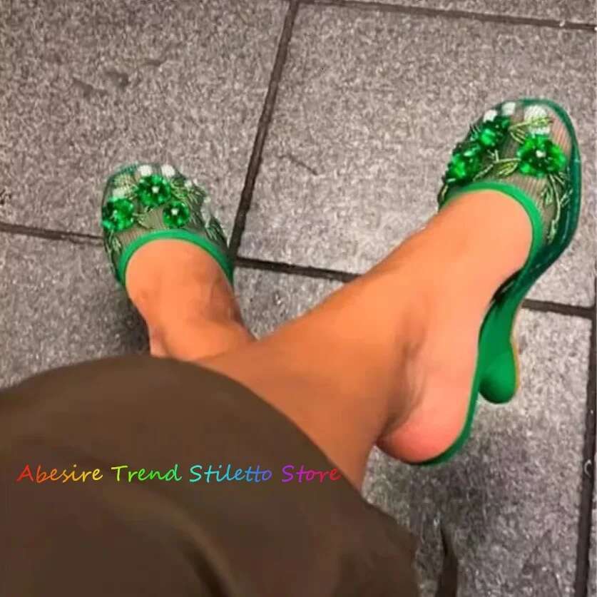 2025 Newest Women's Beaded wer Water Dia Mesh Hollow Slope High Slipper ral Embellished Strange Heel Mules