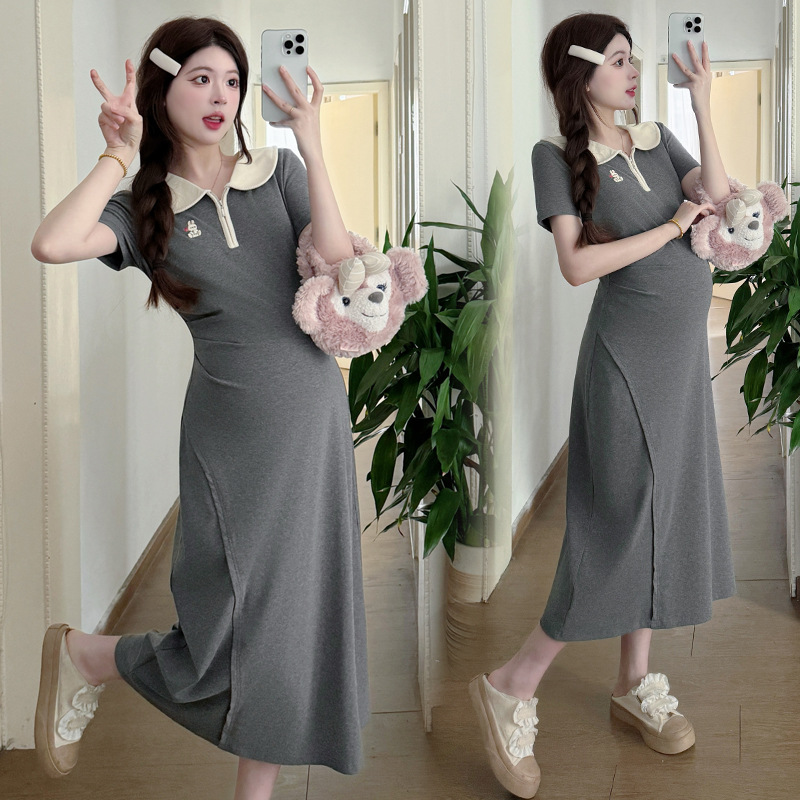 X55180 Summer trendy mom new fashion versatile slim lapel loose medium and long large size pregnancy dress