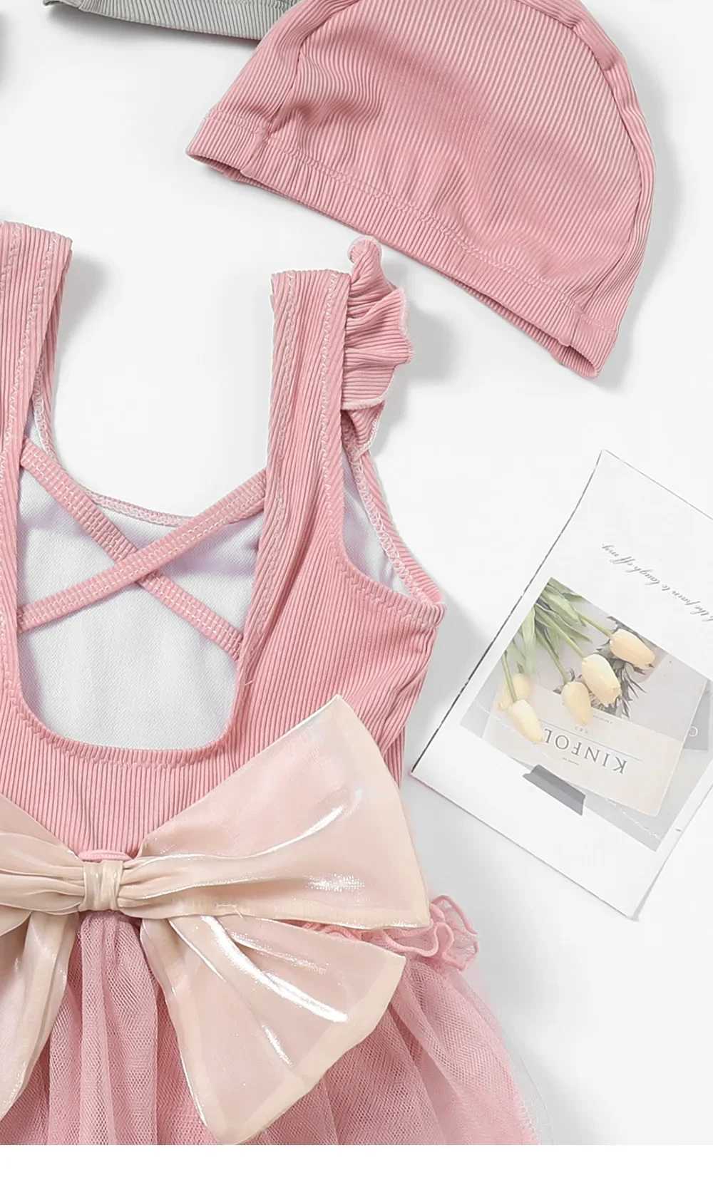 New Girls Swimwear Hat Set Fashion Sweet Children Solid Color Bow Swimsuit for Little Girls Kids Summer Soft Baby Swimwear X250224