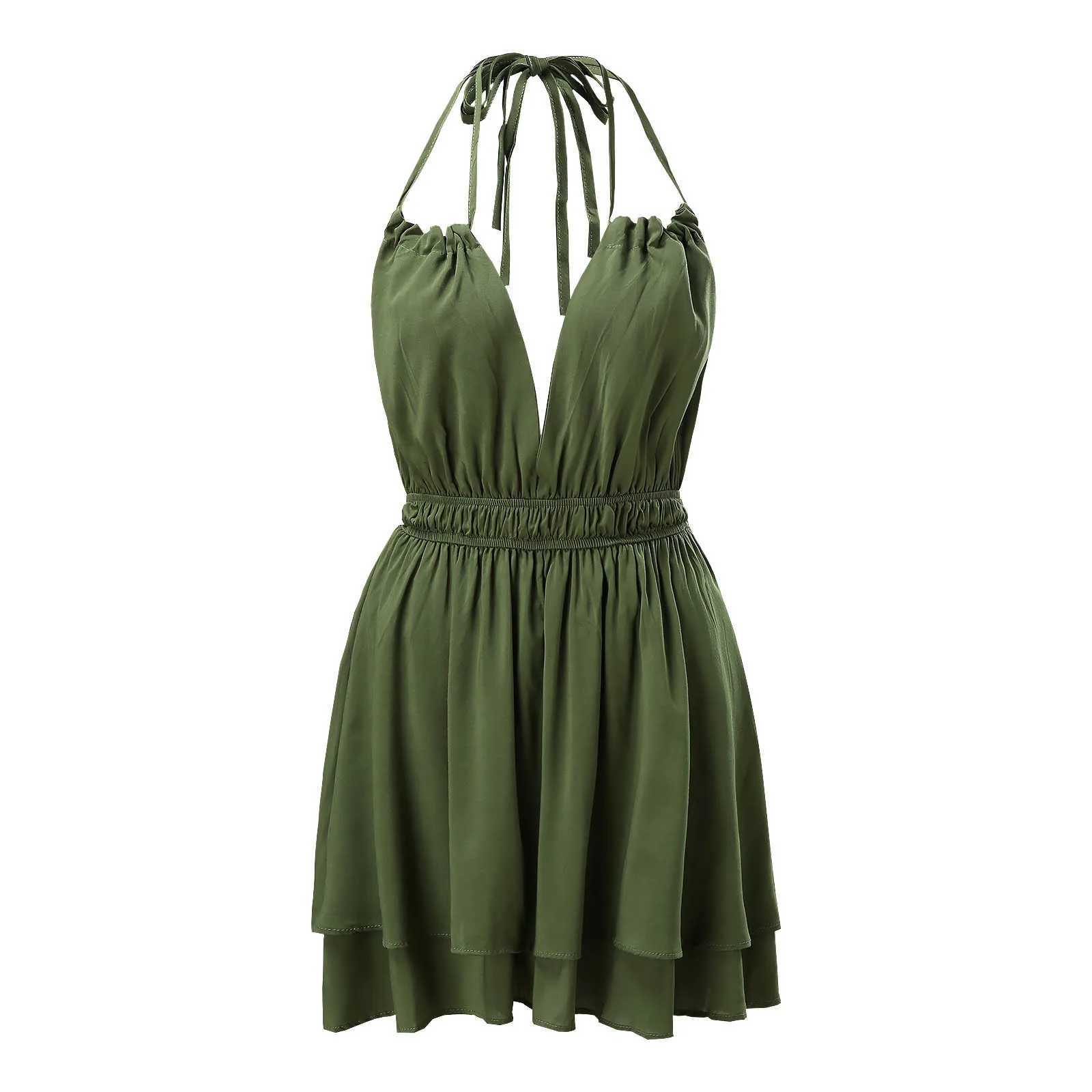 Halter Open Back Solid Color Dress Summer Deep V Neck Swing Dresses Women 2023 Elastic Waist Sveless Slim Sling DressXJ250224