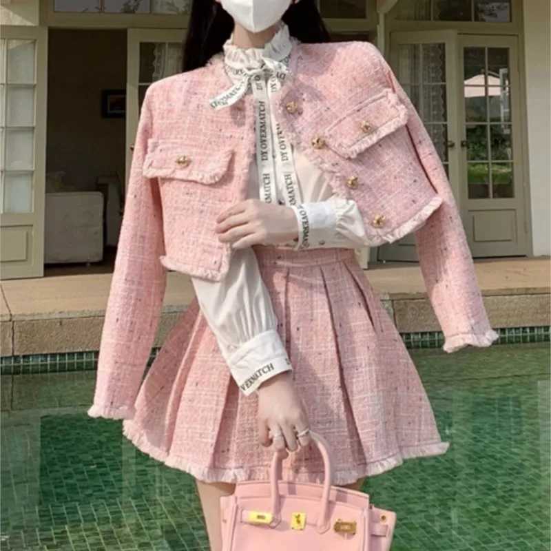 High Quality Tassel Design 2-Piece Sets Women Tweed Autumn New Solid Outfits Long Sleeve Short Jacket Coat + Pleated Skirt SuitsT250224