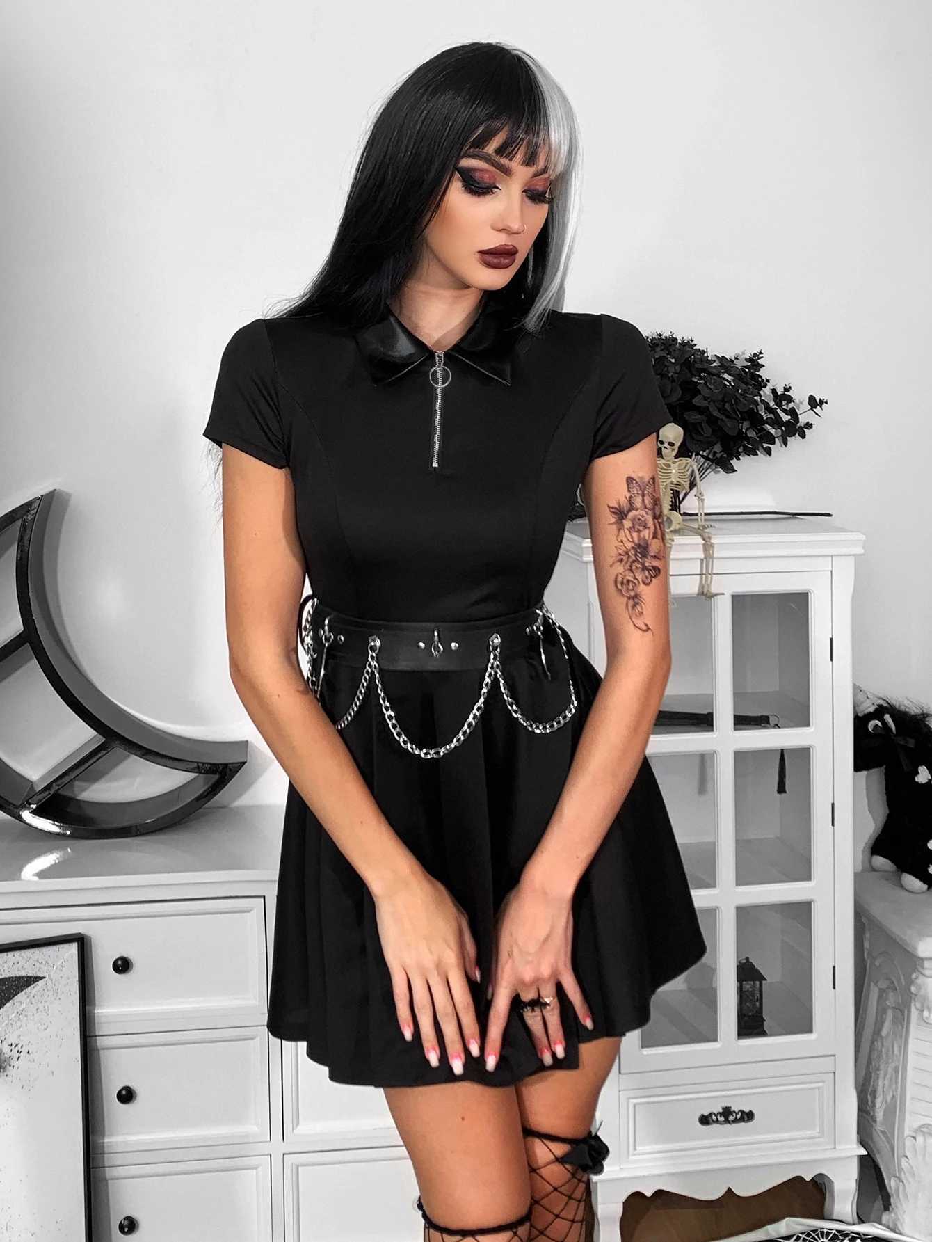 Womens Gothic Short Skirt 2024 Dark Design Suede Square Collar Sve Short Skirt New Solid Color Womens WearXJ250224