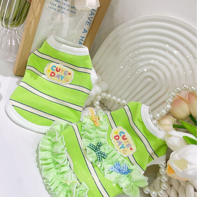 Green White Stripe Cotton Dog Dress with Embroidered Letters,Casual and Comfortable Puppy Dress, Flared Skirt for Pomeranian, Bichon Small Medium Dogs