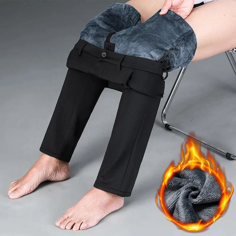 Flannel Thick Mens Casual Pants Navyblue Winter Fleece Business Stretch Warm Plush Trousers Slim Straight Male Pants 250214