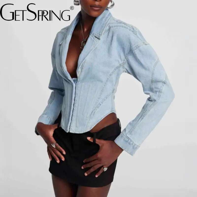 Getspring Women Jacket 2025 Spring Vintage Long Sleeve Fishbone Slim Fit Blue Short Denim Coat All Match Fashion Jean Tops