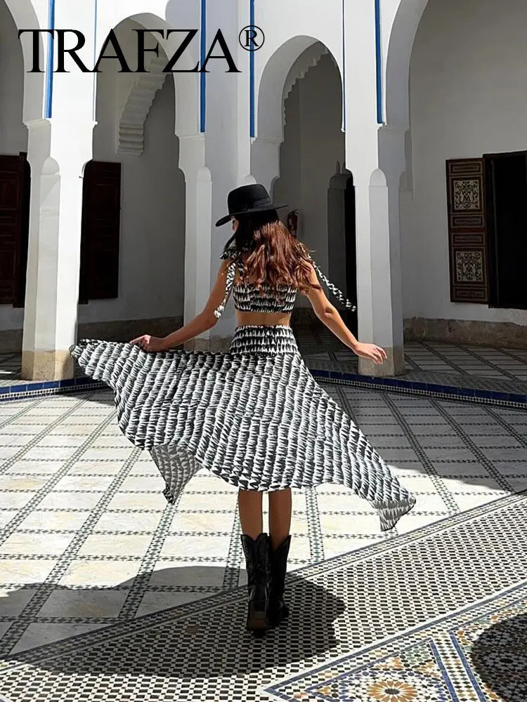 TRAFZA Womens Fashion Printed Skiwear Sexy Backless Sleeveless Ultra Thin Corset Cutting Top Zipper Midi Y2K Street Clothing Set 250222