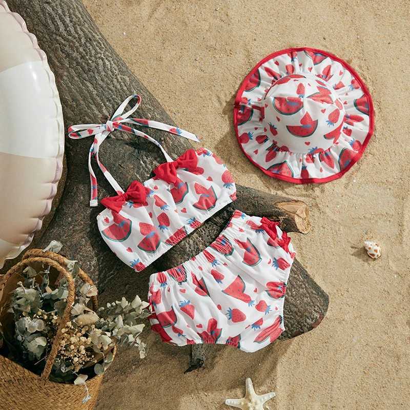 EWODOS 0-24Months Toddler Baby Girl 3pcs Swimsuits Summer Fruit Print Bandage Halter Sleeveless Tops Beach Shorts and Hat Sets X250224