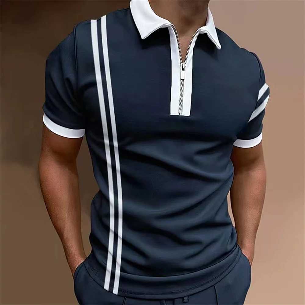 MenS Striped Polo Shirt Golf Clothing Summer Casual Tops Striped Print Zipper Pullover Simple Fashion Polo T-Shirt Men ClothingT250225