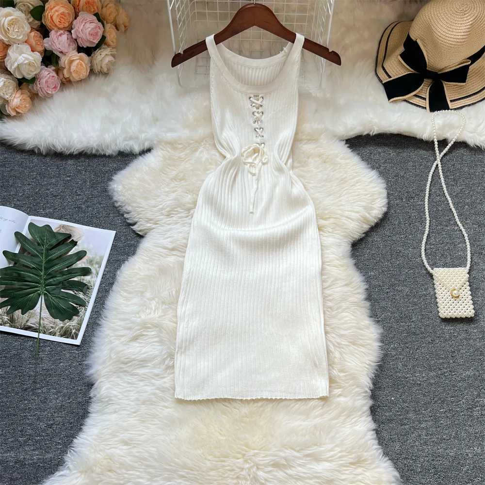 Yuooo Ins hot sexy bandage knitted mini dress summer ultra-thin elastic body womens streetwear sexy bag Hips VestitosXJ250224