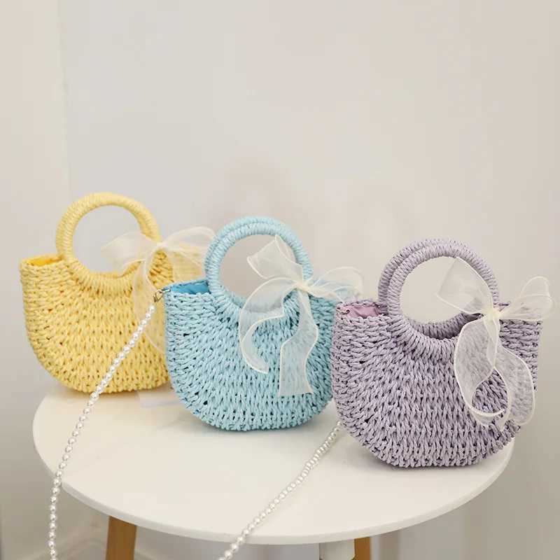 Pearl Bow Decor Straw Bag For Women Handmade Woven Top-handle Bag Vacation Seaside Beach Bag Basket Casual Shoulder Bags Basket