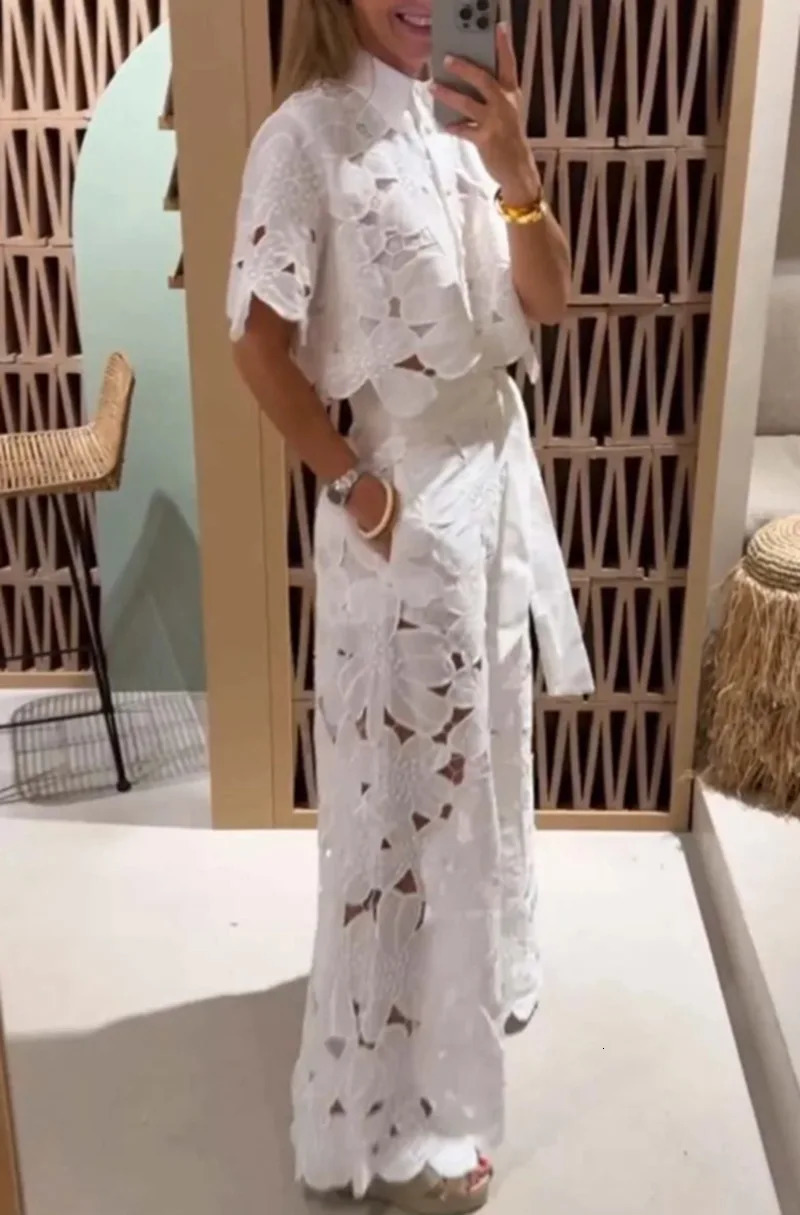 Elegant Lapel Half-sleeved Crop Top Wide-leg Pants Sexy Hollow 2-piece Set Women Fashion Spring Solid Color Loose Suit Female 250224