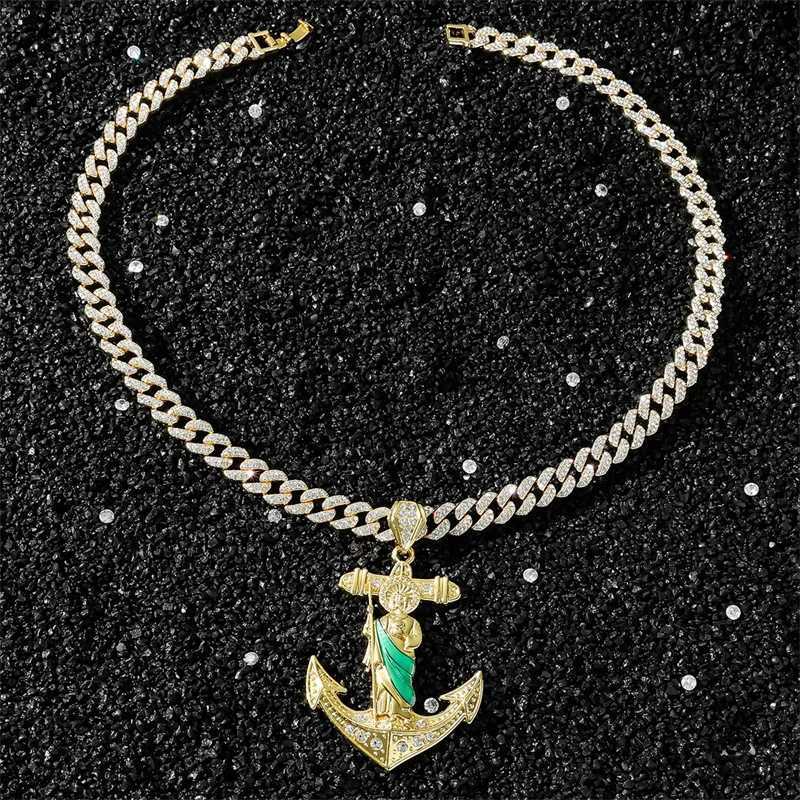 Hip Hop Saint Jude necklace with anchor pendant mens out crystal Cuban chain Hiphop fashion religious jewelry X250224