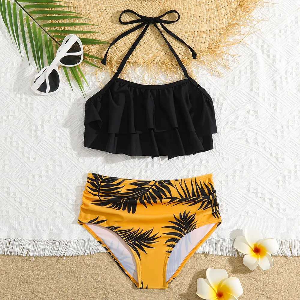 Girl Ruffle Hem Floral Bikini Swimsuit Kids High Waist Two Piece Childrens Swimwear 5-14 Years Halter Top Swimming Bathing Suit X250224