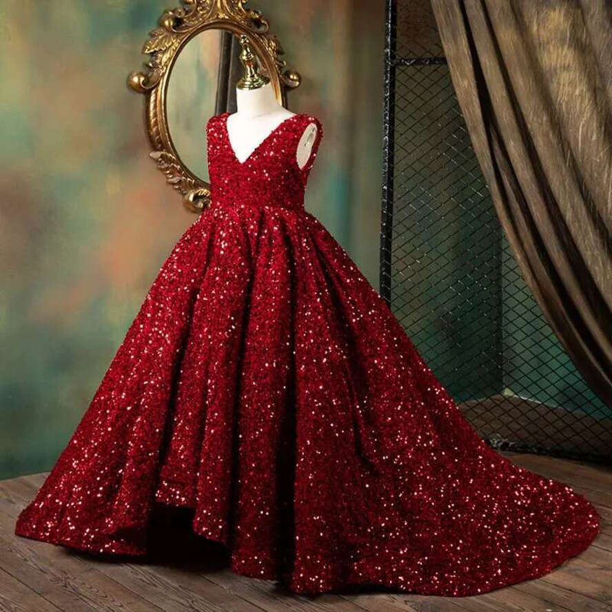 Sequins Dark Red Puffy Wer Girls Dresses For Wedding V Neck Sequined Lace Children Kids Party Communion Gowns High Low Length Ball Gown