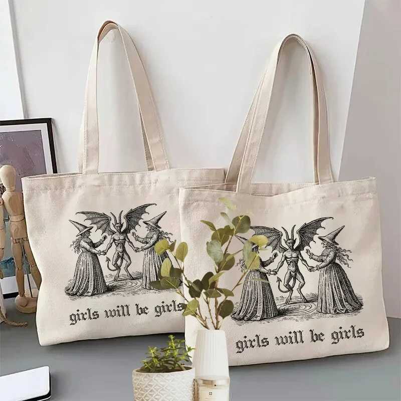 Girls Will Be Girls Witch Canvas Tote Bag Organizer New Large Capacity Travel Storage Shoulder Bag Handbag Halloween Spooky Gift Z250224