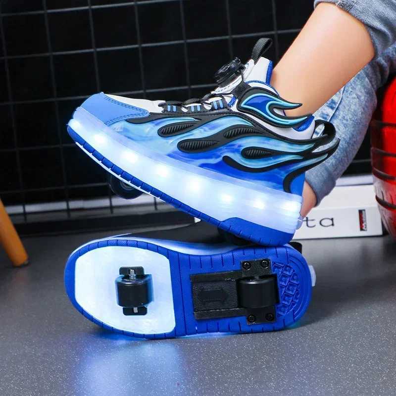 Roller Sneakers Kid Sport Gym Footwear Roller Skates 4 Wheels USB Charge Illuminated Shoes Boys Girls Casual Skateboard Shoes W250225