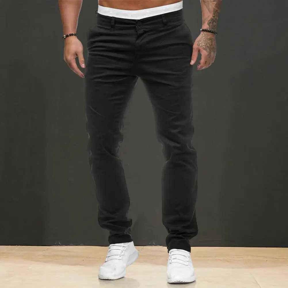 Mens Pants Mid Waist Solid Color Thin Zipper Button Closure Pockets Slim Fit Casual Ankle Length Pencil Pants Soft Breathable W250225