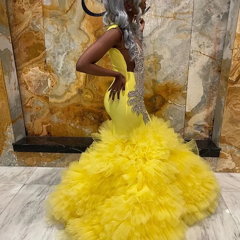 2025 Crystals Beaded Mermaid Prom Dresses Ruffles Tiered Pageant Party Dress African Glitter Special Occasion Evening Gown Custom made