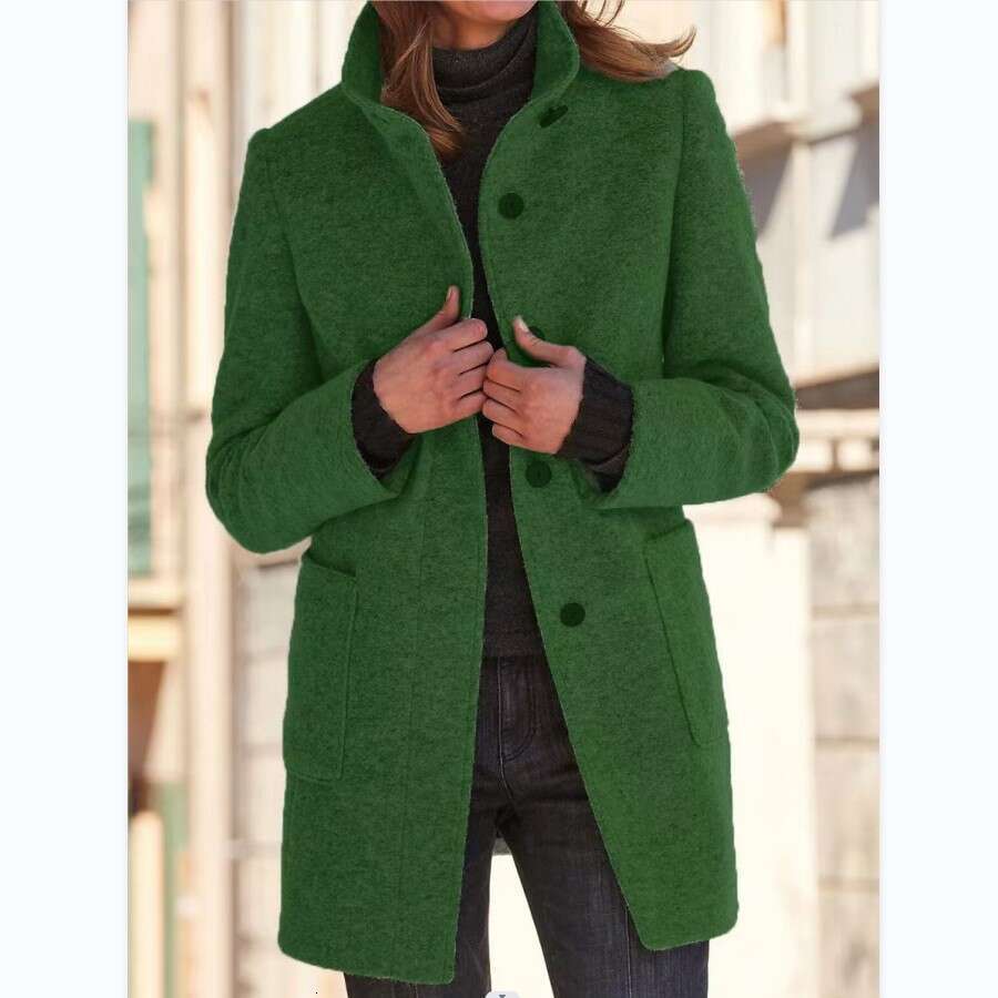 Autumn Winter European And American Women's Clothing New Retro Solid Color Button Up Collar Woolen Coat