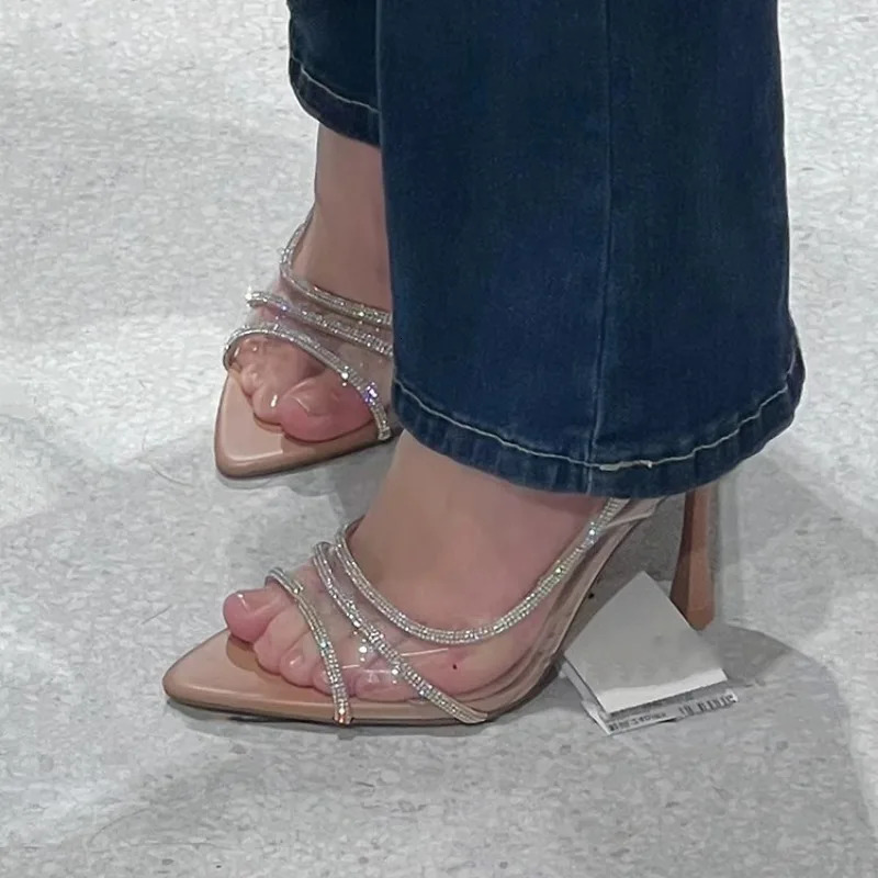Thin high heels womens 2024 summer fairy style sexy shallow mouth hollow corner water diamond open sole sandals 250218