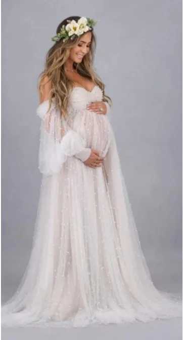 Maternity Photography Props Dress Dense Pearl White Yarn Maternity Photography Clothing Babyshower Gown Photo Shoot Pregnant X2502241