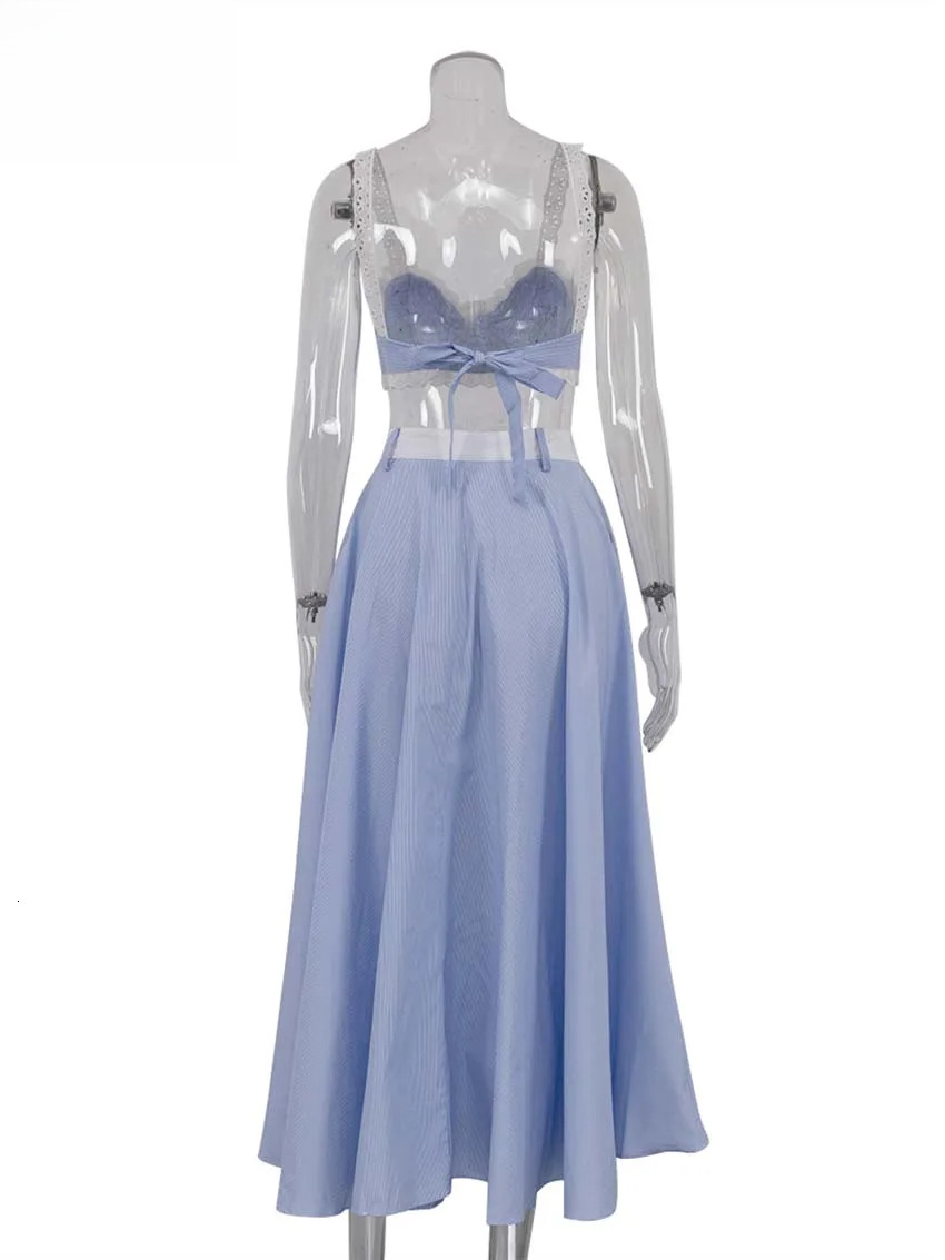 Fashion Blue Print For Women designer clothing 2 Pieces Autumn Spaghetti Strap Lace Bra And High Waisted Loose Pleated Skirts Sets