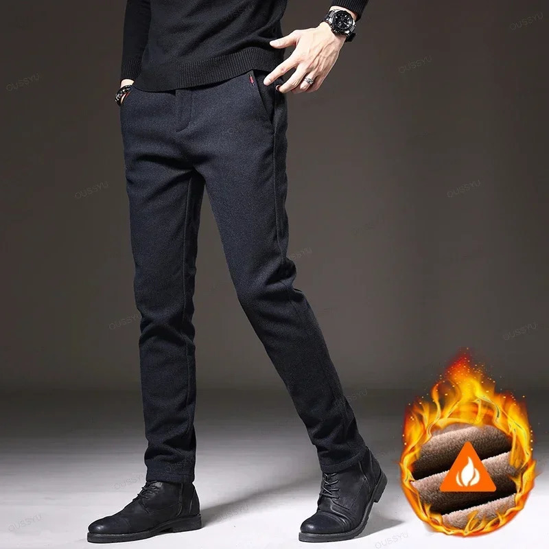 Winter pants mens warm elastic waist thick brushed wool lining work and leisure mens tight fit business dress plush 250214