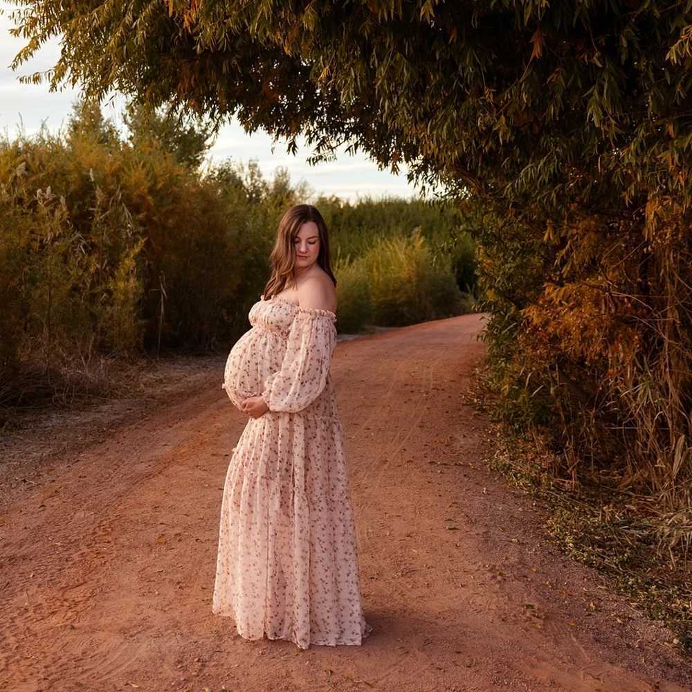 Elegant Maternity Dress With Floral Chiffon One Shoulder Stretch Enlarged Size Pregnant Women Photography Dress X250224
