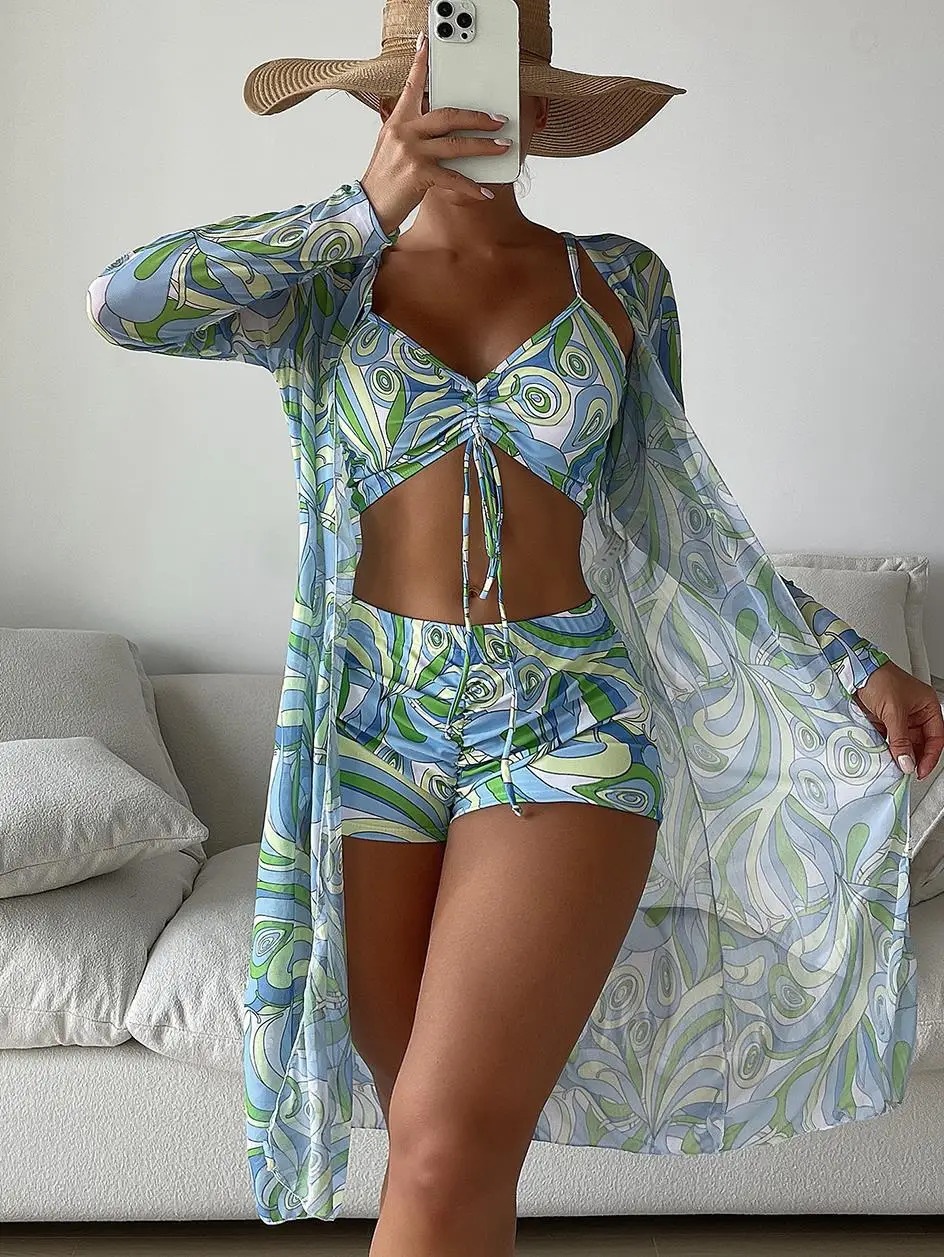 3 Pieces Sexy Print Bikini 2024 Women High Waist Swimsuit Cover Up Swimwear Female Lady Bathing Suit Swimming Summer Beachwear 250224